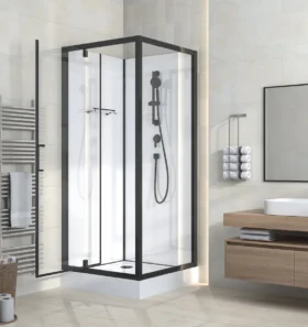 RIMO CABINE DE DOUCHE COMPLÈTE AVEC PORTE PIVOTANTE – 80X215X80 CM – RÉVERSIBLE – NOIR MAT – VERRE CLAIR