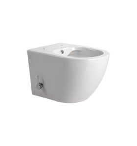DARLO WC Suspendu avec Bidet – Sans Bride – Robinet Eau Chaude/Froide – Compact 49 cm – Blanc Brillant