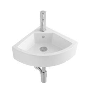 LAVE-MAINS D’ANGLE – AVEC TROP-PLEIN – AVEC TROU DE ROBINET – CÉRAMIQUE  – BLANC BRILLANT